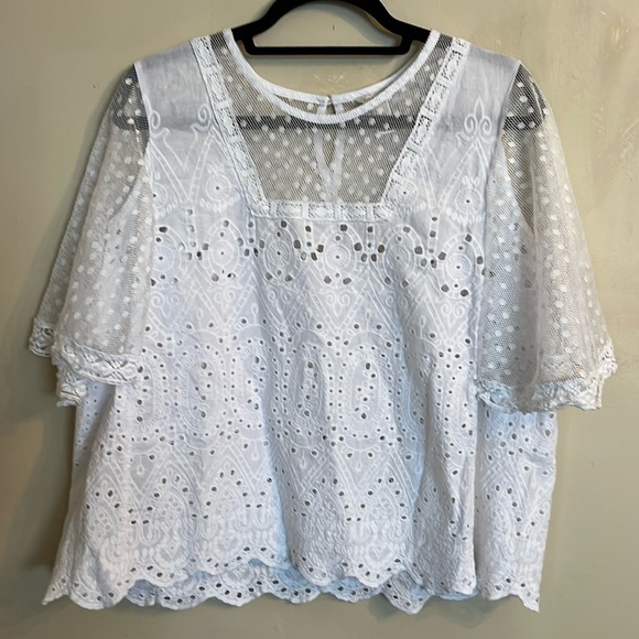 Est. 1946 Eyelet Pullover Top Lace Cape Sleeve White Round Neck XL - Picture 1 of 10